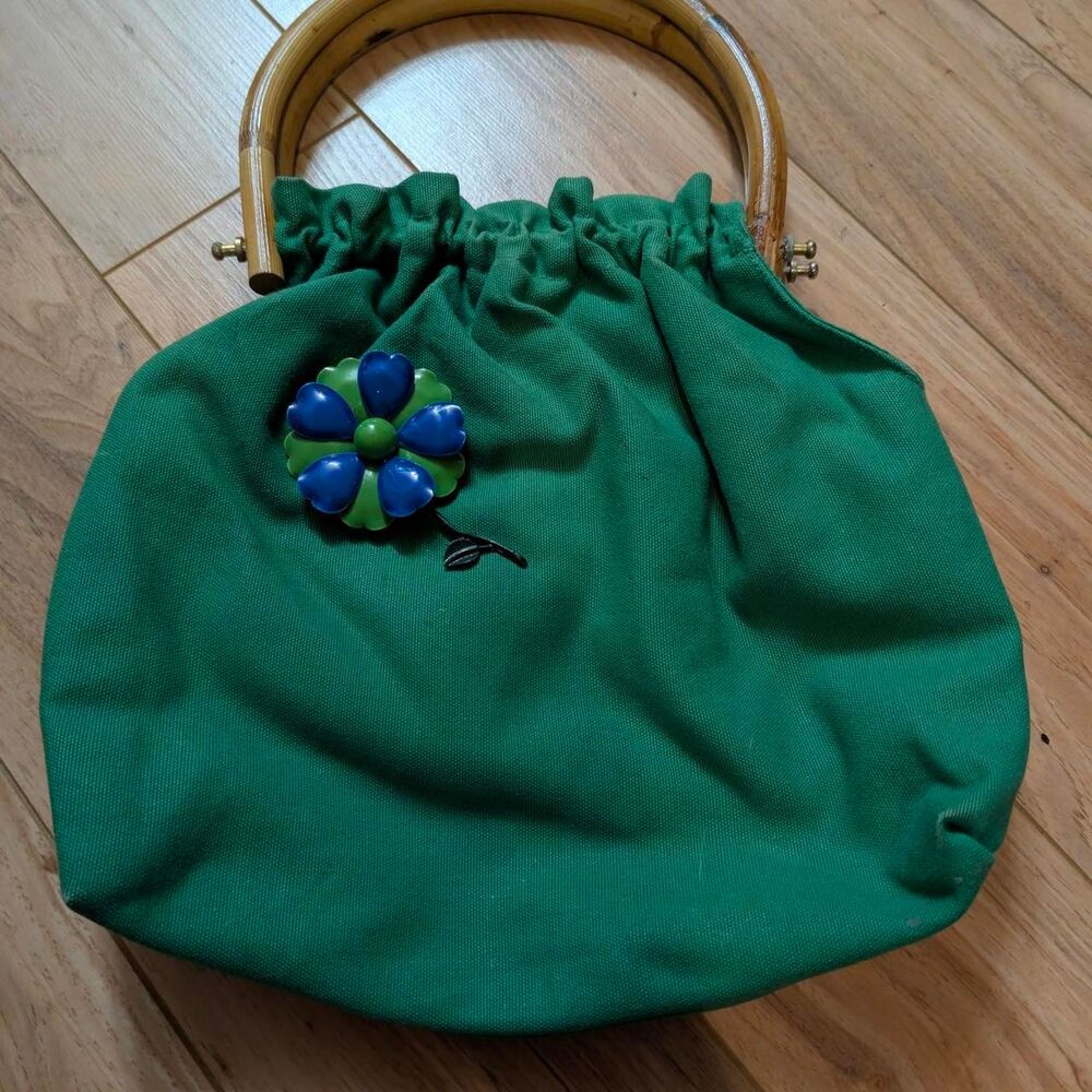 Vintage 90s Kelly Green Canvas Bamboo Handle Bag Y2K Mod Tote